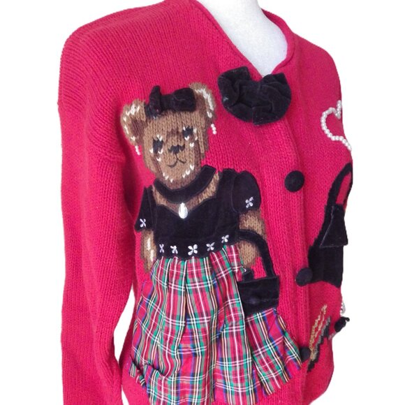 Vintage Eagle's Eye Red Sweater/ Embellished/ Teddy Bear/ Jewels - Picture 2 of 7